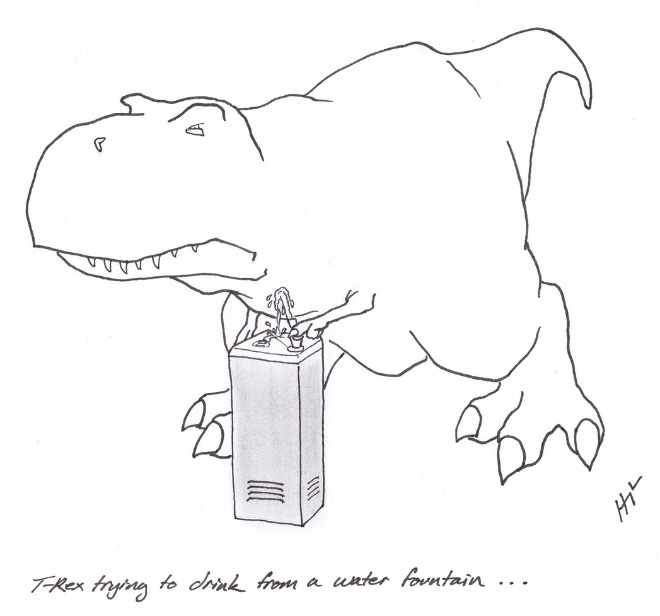 T-Rex essayant de boire à une fontaine d'eau