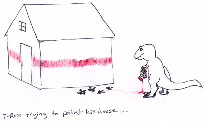 T-Rex essayant de peindre sa maison