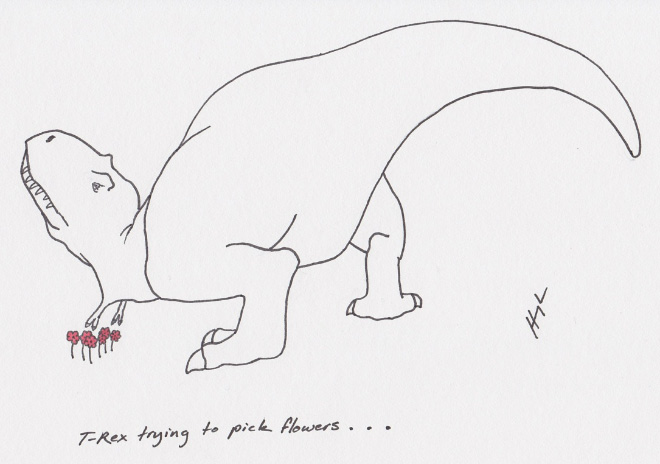 T-Rex essayant de cueillir des fleurs