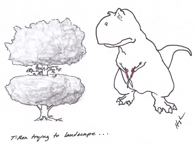 T-Rex essayant de tailler un arbre